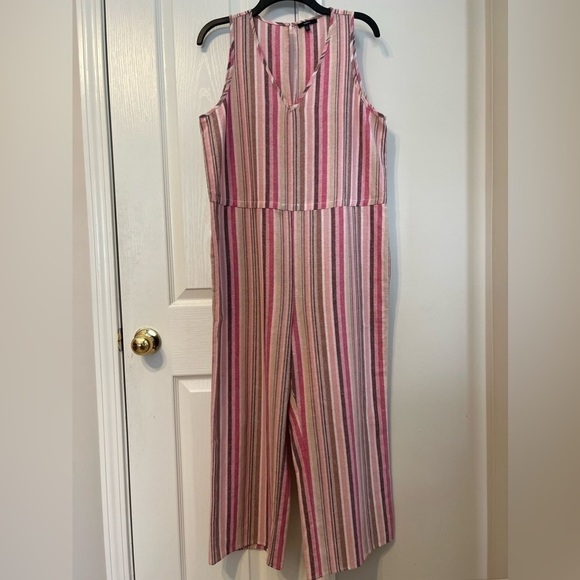 Drew Striped Linen Blend Sleeveless Cropped Jumpsuit Pockets No Drawstring Sz M - Picture 1 of 9